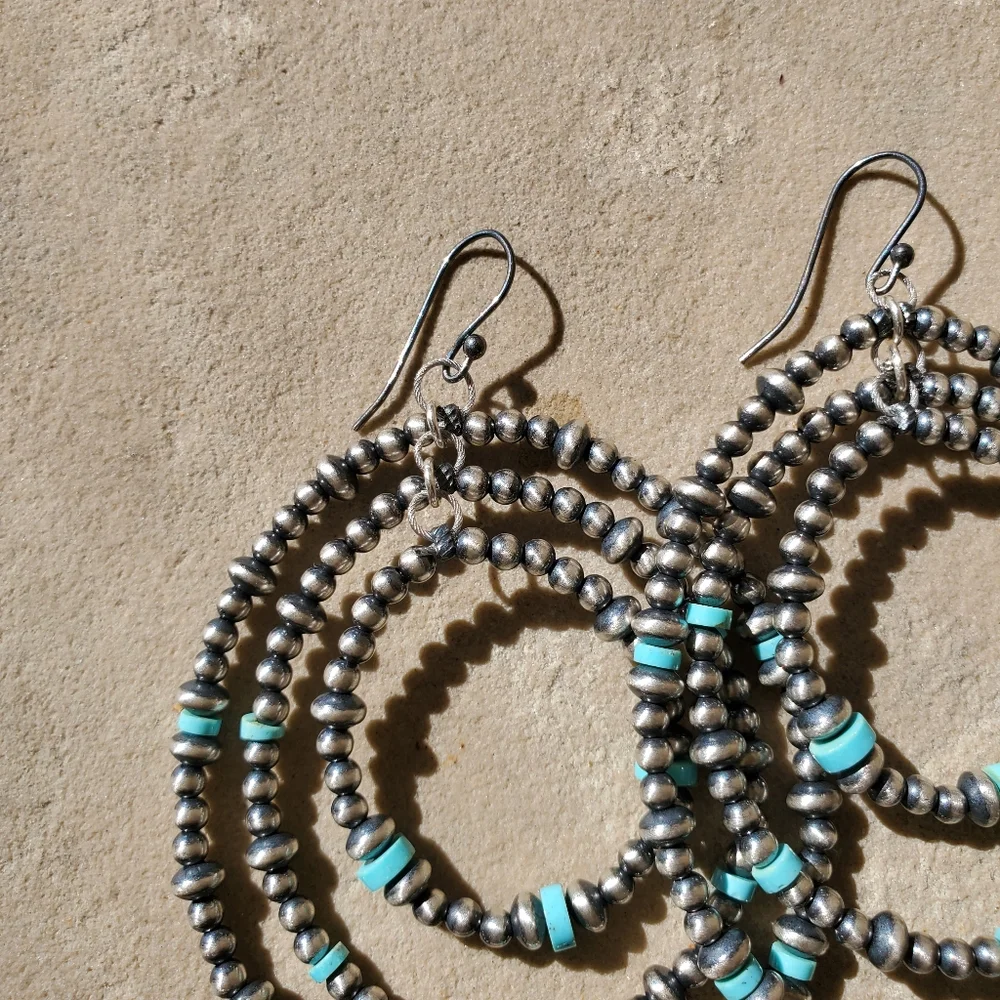 Navajo Pearl Turquoise Bead Triple Circle Dangle Earrings - Picture 3 of 5